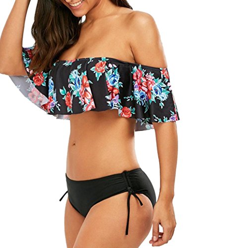 Logobeing 2018 Bikini Mujer Conjunto de Bikini con Volantes Y Hombros Descubiertos para Mujer Trajes de Baño Y Sujetador con Relleno (Negro, M)