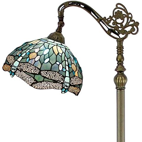 Tiffany Style Reading Floor Lamp W12H64 Inch Sea Blue Stained Glass Crystal Bead Dragonfly Lampshade Antique Lighting Arched Base S147 WERFACTORY Lamps Living Room Bedroom Coffee Table Lover Gifts Cover