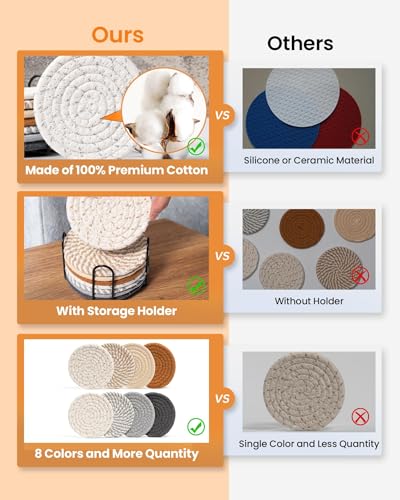 قواعد أكواب مشروبات مع حامل، قواعد أكواب ماصة للمشروبات، مجموعة قواعد أكواب قطن منسوجة لطاولة القهوة وديكور المنزل والبار، 8 قطع، 8 ألوان، 11 سم