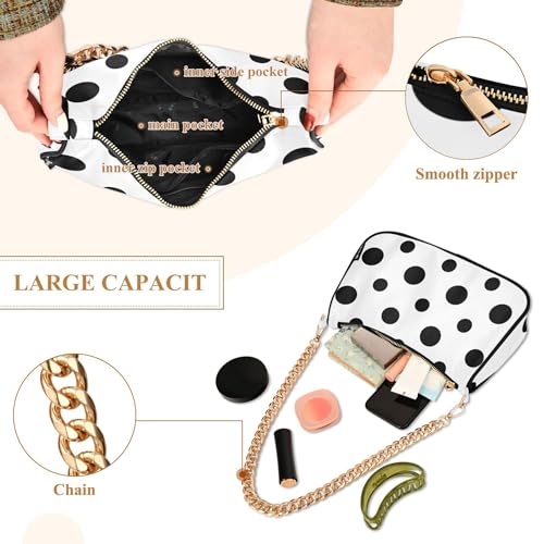 Black Polka Dots White Medium Handbag Tote Womens Floral Shoulder Bag Zipper Party Dressy Purse Hobo with Chain Strap4