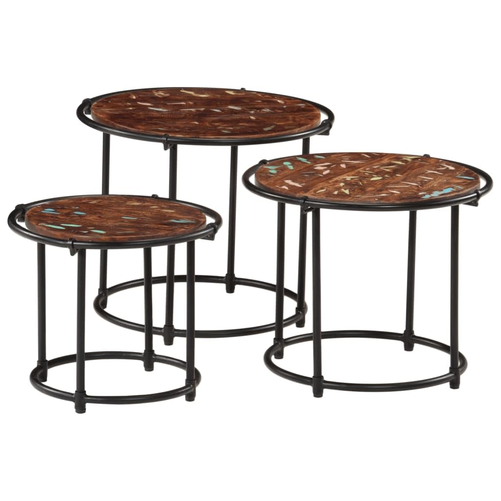 SXZenSpace Nesting Tables Set of 3 Solid Reclaimed Wood Round Coffee Side End 55 x 46 cm Mixed Finish Easy Storage for Living Room Bedroom Hallway