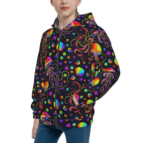Rainbow Jellyfishes Kids Pullover Hoodies Boys Zip Up Sweatshirts Girls Athletic Clothes with Pocket