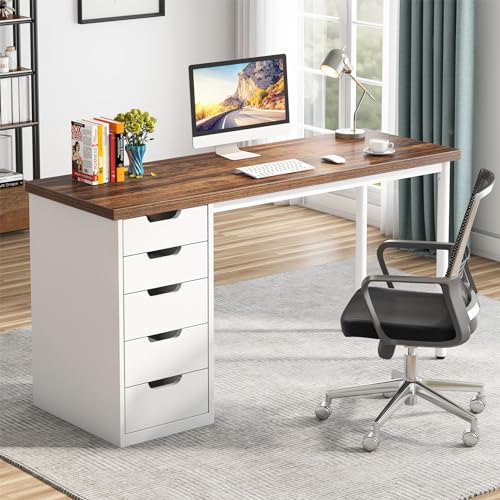 Image of Tribesigns Computer Desk with 5 Drawers, 47 inches Rustic Brown Home Office Desk with Storage, Modern Simple Laptop Desk Study Writing Table for Small Spaces (1, Brown+White)
