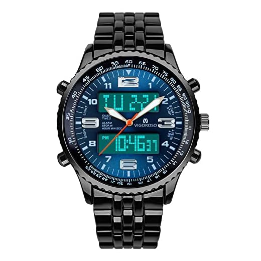 VIGOROSO Men's LED Analog Digital Date Week Sports Outdoor Steel Blue Dial Watch