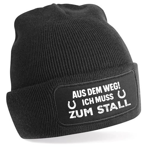 BOO Shirt Aus dem Weg! Ich muss zum Stall Mütze v2 – lustige Beanie für Reiter & Pferdebesitzer – warme Wintermütze mit Spruch – Geschenkidee (Schwarz)