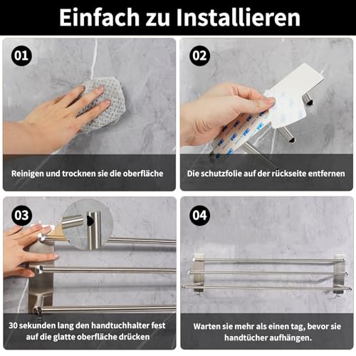 Vista SUS304 Handdoekenhouder, 3 stangen, zonder boren, 75 cm, roestvrij staal, zelfklevende handdoekhouder, zilver, badkamer, handdoekhouder met twee haken, voor keuken, badkamer, slaapkamer, zilver - Image 6