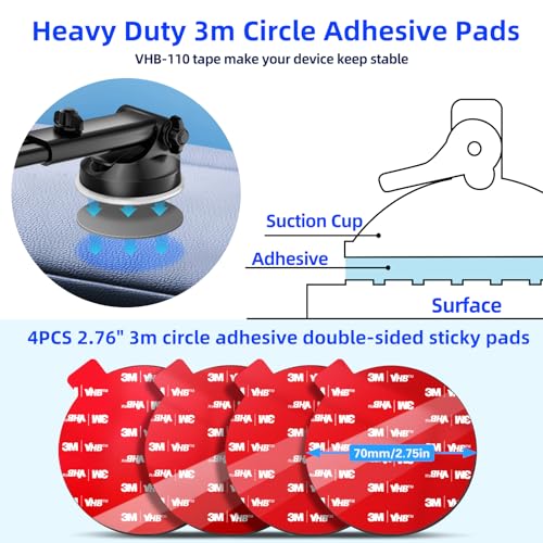 pop-tech 3m VHB Circle Adhesive Double Sided Tape for Suction Cup Mount, 4PCS 70mm (2.76“) Round Heat Resistant Heavy Duty Sticky Pads for Dashboard Phone Holder, Windshield Car Mount, DashCamera