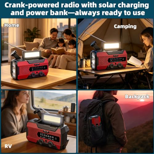 Solarbaby Hand Crank Emergency Radio,10000mAh Red NOAA Weather Radio,AM/FM Solar Radio with LED Flashlight, Reading Lamp & SOS Alarm, Survival Radio for Camping Hurricane Emergency - Image 3