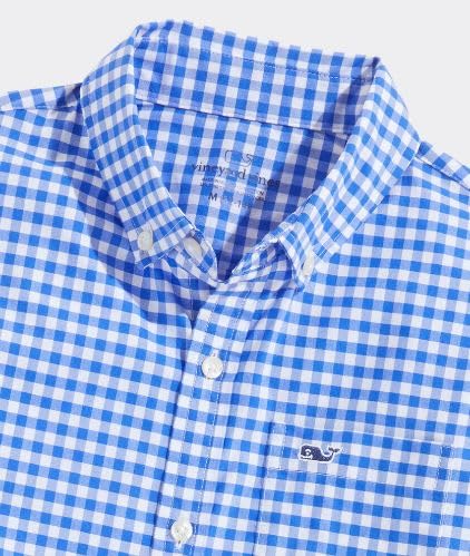 vineyard vines Boys' On-The-Go Short-Sleeve Gingham Button Down Shirt, Sapphire Blue, XL3