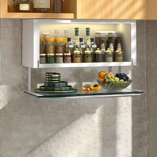 Organizador de Armario de Cocina abatible, especiero abatible con Puerta de Vidrio Templado y luz con Sensor, Organizador de Almacenamiento de Pared de Metal para Debajo del Armario Colgante