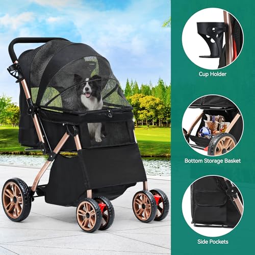 YITAHOME Hundebuggy Hundewagen klappbar für Hunde & Katzen, Haustierbuggy bis 22 kg mit umkehrbarem Griff, Netzfenstern, Getränkehalter, 360° drehbare EVA-Räder mit Bremsen (Schwarz)