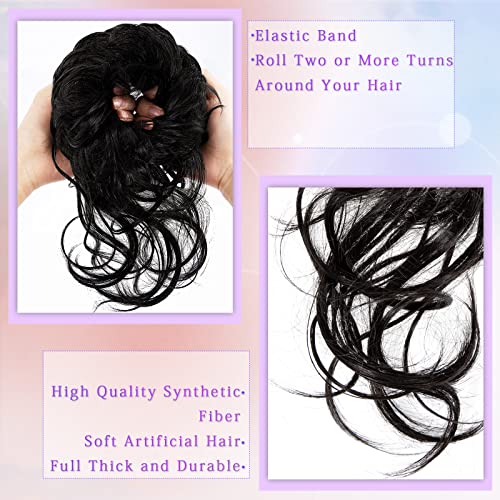 Pwsap Hair Bun Extensions,Hairpiece Hair Rubber Scrunchies Curly Messy Bun Wavy Wrap Ponytail Chignons Bridal Hairstyle Voluminous Wavy Messy Bun Updo Hair Pieces w/ Hair Rope & Hairpin,Black - Image 4
