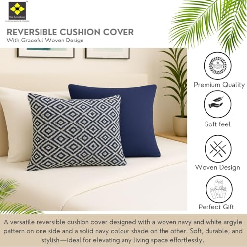 Image of 16x16 Inch Reversible Pack of 2 Navy Cotton Argyle Woven Throw Pillow Covers for Couch Sofa Bed Home Decoration Restaurant | Size 40 x 40 cm