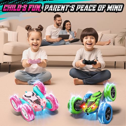 Image of Hamdol Pink RC Car for Girls Age 6+, 360 Rotating Stunt Remote Control Vehicle with LED Lights, Upgraded 4WD USB-C Rechargeable Electric Toy, Perfect Birthday, Holiday