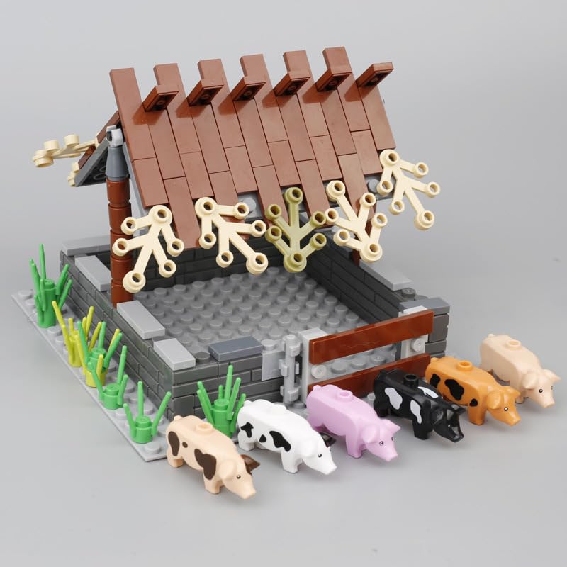 DzirePada Farm Animal Pig Coop Building Set, 6 Pigs + Pig Nest Building Blocks Kit, MOC Building Set for Kids Adults, DIY Building Toy Compatible with Major Brands (C)