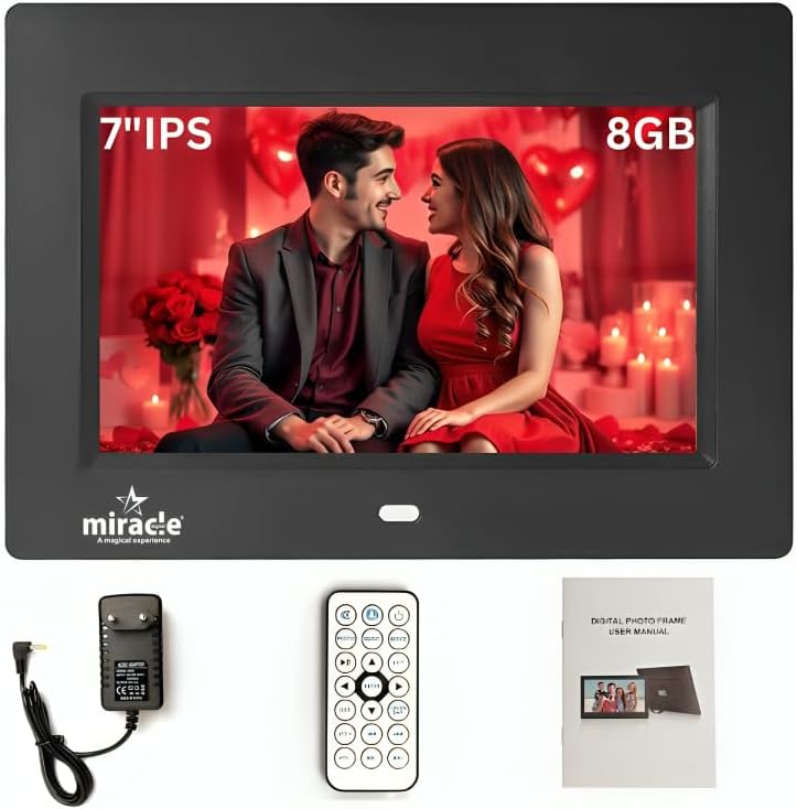 Diagram showing the dimensions of the 7-inch digital photo frame and supported media formats for photos, audio, and video.
