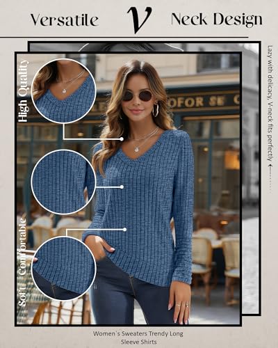 Ficerd 2 Pack Women V Neck Sweaters Long Sleeve Tunic Tops Lightweight Solid Color Casual Tunics Shirts3