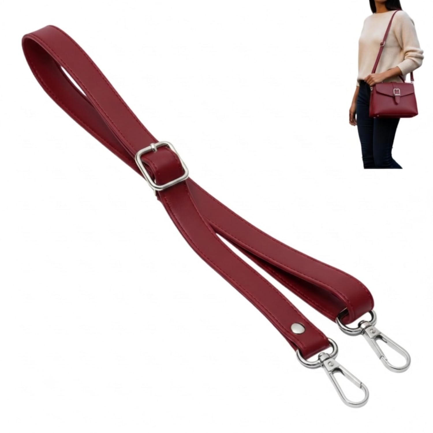 Replacement Shoulder Strap, Pu Leather Adjustable Shoulder Bag Belt, Maroon Burgundy Or Wine Color Exclusive for Hand Bags Side Sling Crossbody Bags with Silver Buckles.-image-13