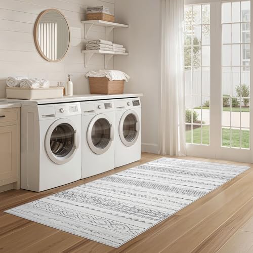 Nakagishi Runner Rug Kitchen Washable Rugs: 2x6 Non-Slip Boho Soft Modern Stain Resistant Indoor Floor Neutral Farmhouse Throw Carpet for Hallway Bathroom Laundry Room Entryway Bedroom- Grey