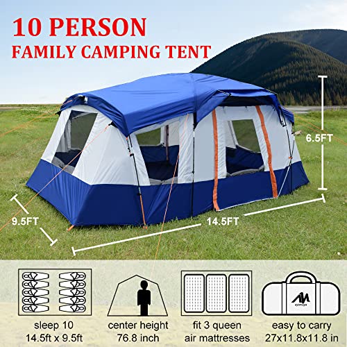 10 Person Tent - Ayamaya Waterproof Multi Room Large Family Camping Tents With Skylight & Removable Rainfly, Portable Huge Cabin Tent 2 Doors With Porch, 4 Mesh Windows, Projection Screen For Camping #TOP1