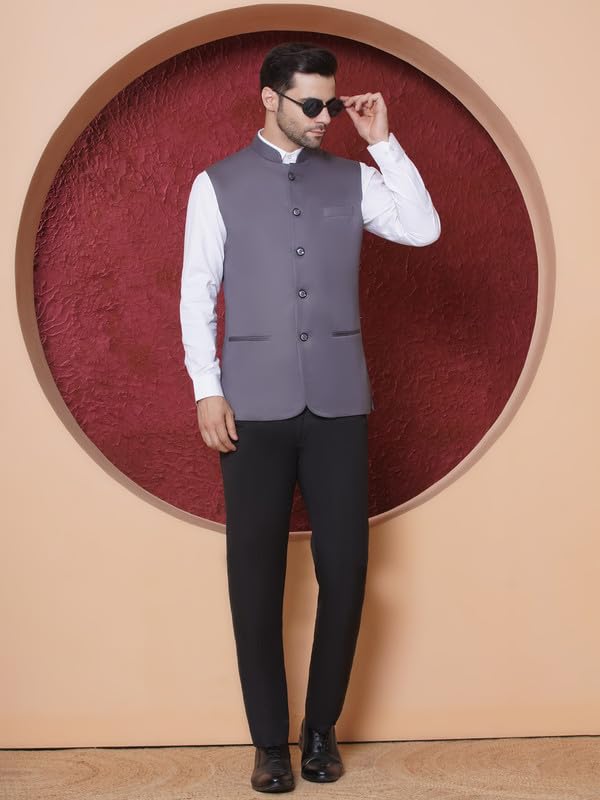 FAVOROSKI Gilet formale etnico da uomo, vestibilità regolare, cappotto formale Nehru con colletto alla coreana, giacca senza maniche con tasche, gilet etnico tradizionale per matrimoni e feste
