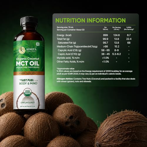 Image of MCT Oil 500ml | Pure C8 & C10 | Keto & Paleo Friendly | Organic | Sourced from Coconuts | Unflavored Oil that helps Supports Brain Function & Instant Energy | Pack of 1