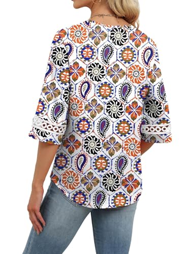 Image of WIHOLL Womens Tops Eyelet Lace V Neck 3 /4 Bell Sleeve Blouses Dressy Casual Work Shirt 2026 Summer Fall Fashion Clothing