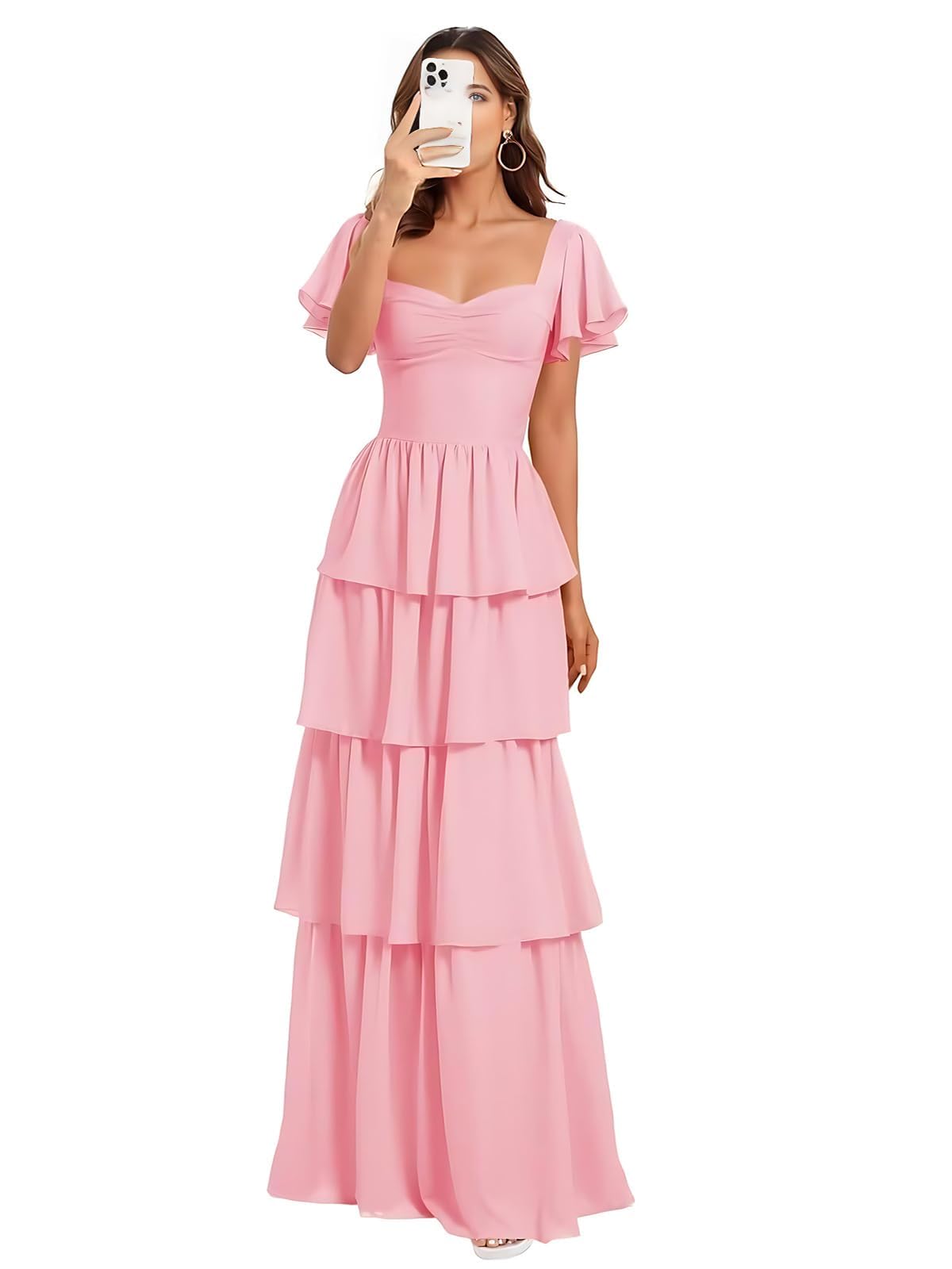 Kurzarm Chiffon Abendkleider Elegant für Hochzeit,Gestufte A-Linie Brautjungfernkleider Lang für Damen Maxi Beach Festliche Kleider für Hochzeitsgäste