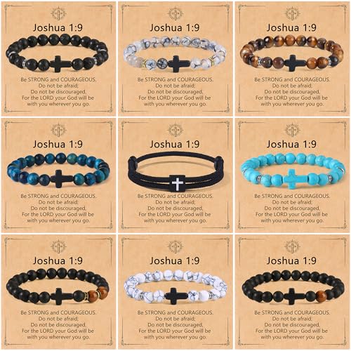 9Pcs Beaded Bracelets Cross Bracelet for Men Women Tiger Eye Natural Stone Bracelet Religious Christian Jewelry Gift