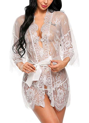 Avidlove Boudoir Lingerie Women's Lace Kimono Robe Babydoll Lingerie Mesh Nightgown White XXL