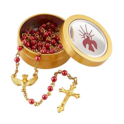Needzo Confirmation Catholic Rosary Beads with Case, Red Beaded Prayer Necklace with Gold Tone Holy Spirit Center and Traditional Crucifix, Confirmed in Christ Keepsake Gift, 16.5 Inches