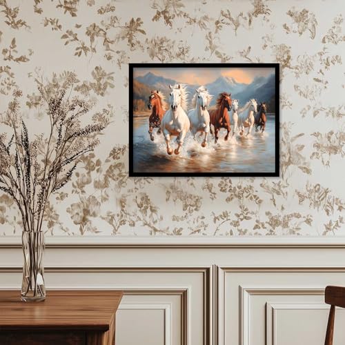 Image of HOTHOUSE Seven Running Vastu Lucky Horse and Rising Sun Painting | 7 Horses Vastu Frame Wall Art Painting for Living Room Bedroom Office Home Decor Wall Decor Size (13X17 inch)