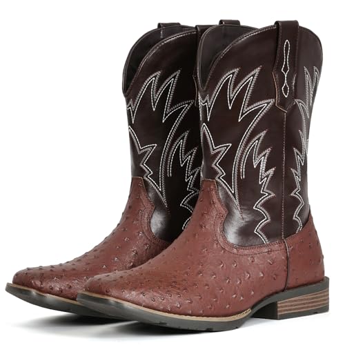 Image of IUV Cowboy Boots For Men Western Ostrich Wide Embroidered Pull On Boots | Durable & slip-resistant pull-on boots, Fashionable embroidered design, Vintage style for men, stylish for casual.