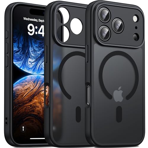 Image of Oterkin Magnetic for iPhone 17 Pro Case Matte, Upgraded Full Camera Protection Compatible with MagSafe Frosted Translucent Shockproof Anti-Scratch Slim Fit Case Military Grade Protection (Black)