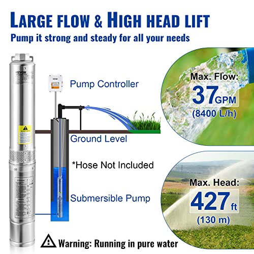 Vevor WZ-PUMP 2HP/37GPM/427FT Deep Well Submersible Pump, 2Hp 230V/60Hz, 37Gpm 427 Ft Head, With 33 Ft Cord & External Control Box, 4 Inch Stainless Steel Water Pumps thumb #2