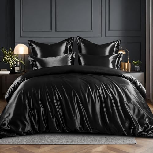 RUIKASI Satin Bettwäsche 200x220 Schwarz - Seidig Luxus Bettbezug mit...