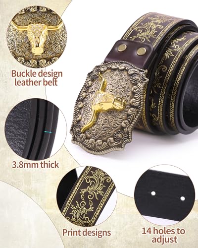 Western Cowboy Belts for Men Women,Western Belt with Bull Buckle, Country Longhorn Bull PU Leather Belt for Jeans2