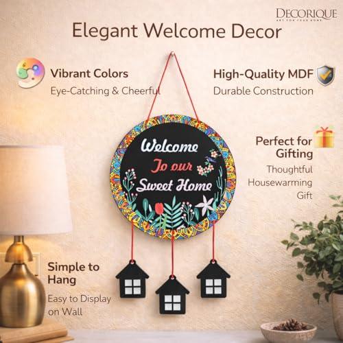 Image of DECORIQUE Welcome Wall Hanging for Home Decor Handmade Pastel Multi Feather Craft for Bedroom Living Room Balcony, Garden, Cafe and Office Decoration Decorative Wall Art for Gifts
