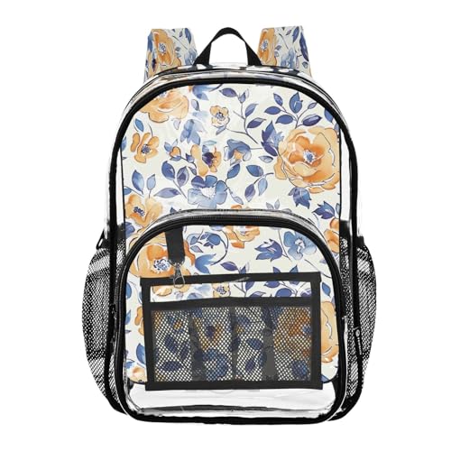 Orange White Floral Clear Backpack, Heavy Duty PVC Transparent Backpack, Multiple Pockets See Through Backpacks for Work, College, Travel