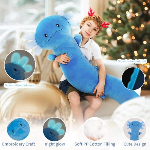 Dalmao 120cm Riesen Axolotl Plüsch Gefülltes Tier, Große Blau Axolotl -Kissen -Kissenspielzeug im Dunklen, Riesigen Schlaftkissen für Kinder, Geburtstag, Ostern