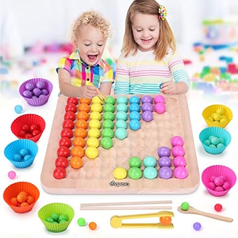 Japace Wooden Clip Beads Montessori Toys for Toddlers, Rainbow Beads Counting and Sorting toys Toy Preschool Educational Toy Kids Board Game for Boys Girls 2 3 4 Year Olds Cover