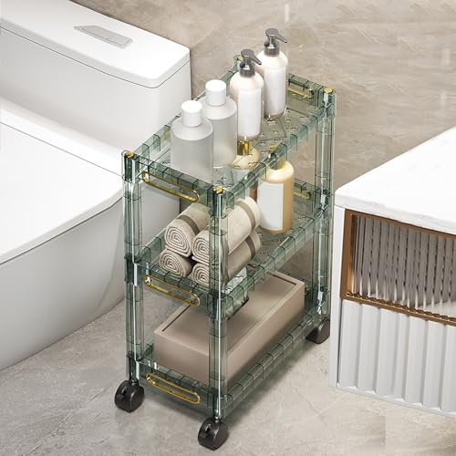 Estantería móvil rodante de 3 niveles con ruedas con cerradura de acrílico transparente para baño, cocina, oficina, lavandería, solución de almacenamiento verde