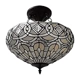 Amora Vintage Tiffany Style Ceiling Lamp - 16” x 17” White Jeweled Stained Glass Chandelier Lighting - Antique Dining Room Light Fixtures Ceiling