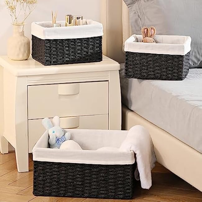 Vagusicc Storage Basket, 3-Pack Woven Paper Rope Wicker Baskets for Storage with Handles, 15 Inches Large Cube Storage Bins Woven Storage Baskets with Liners for Shelves Organizing & Decor, Black