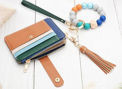 Coolans Wristlet Bracelet Keychain Card Holder Card Pocket Pu Leather Purse Tassel Keychain Bangle Key Ring For Women Girls (Silicone Bead Bracelet+Card Purse (Rainbow)) #TOP3