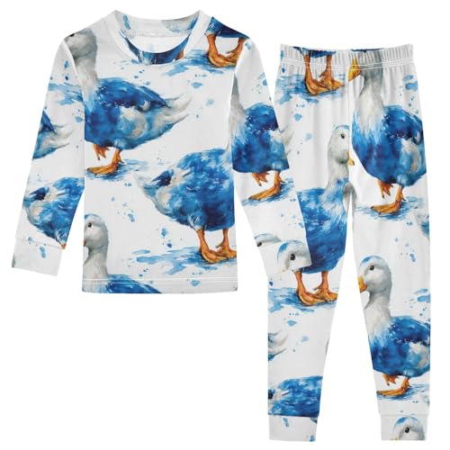 Pajama Sets Long Sleeve Blue Ducks Walking Pattern Soft Comfy Sleepwear 2 Piece PJS 3-8T
