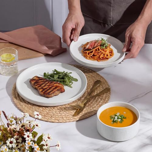 Image of E-far Stoneware Dinnerware Sets for 2, 6-Piece Plates and Bowls Sets, Chip & Scratch Resistant Ribbed Dish Set for Home Restaurant, Microwave & Dishwasher Safe, Speckled White