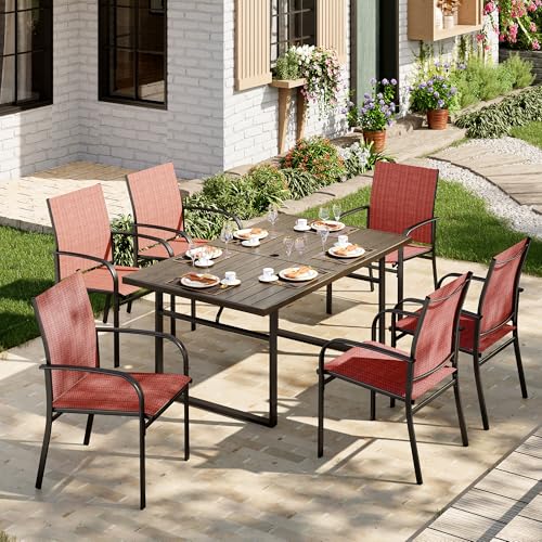 Image of MIXPATIO 7-Piece Outdoor Dining Set 6 Red Textilene Chairs and Steel Tabletop with Wood Grain Rectangle Table for Deck Garden Backyard Lawn Poolside
