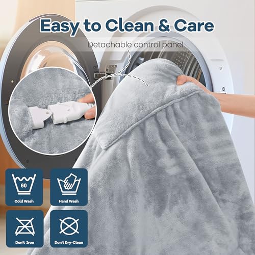 Heated Blanket Wearable Electric Blanket with Hood and Pockets, Heating Throw Blanket, Electric Heated Wrap Shawl with 6 Heating Levels Setting & 4 Hours Auto Shut Off, Machine Washable(Shrot, Grey)