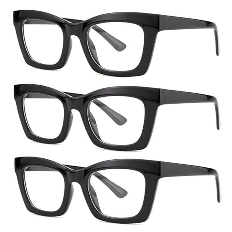 bullabulling 3 pack Oprah style Spring hinge Readers Blue Light Blocking Computer Square Reading Glasses for Women Men (3black, 2.5)
